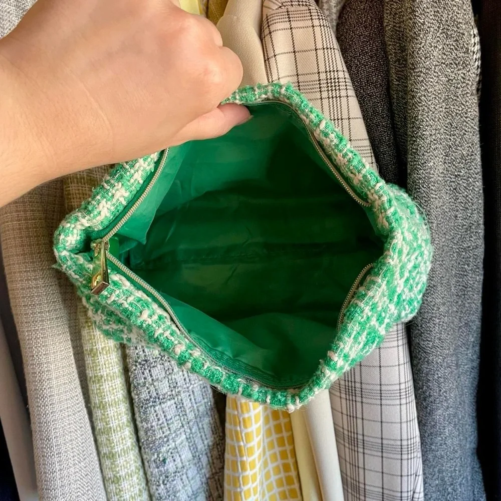 Mario Badescu green and white tweed makeup bag